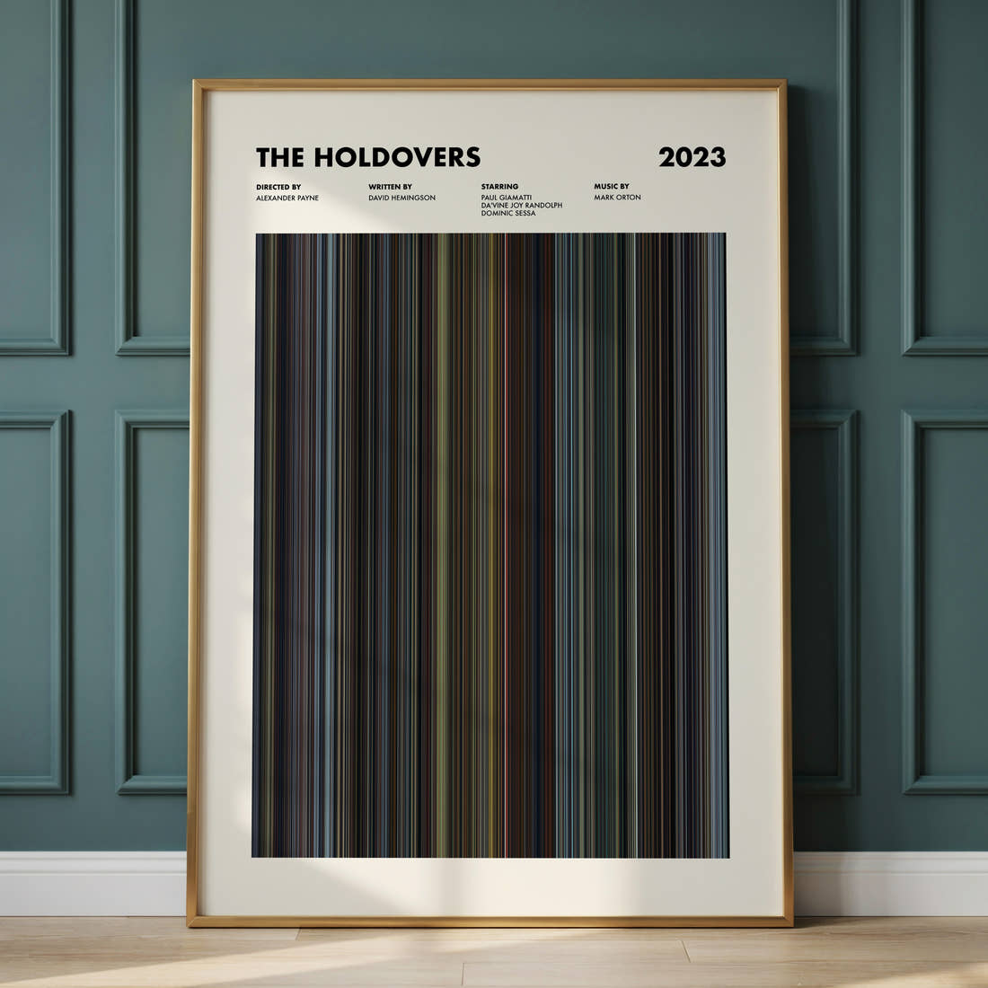 The Holdovers Movie Barcode Poster framed and leaning against a panelled wall
