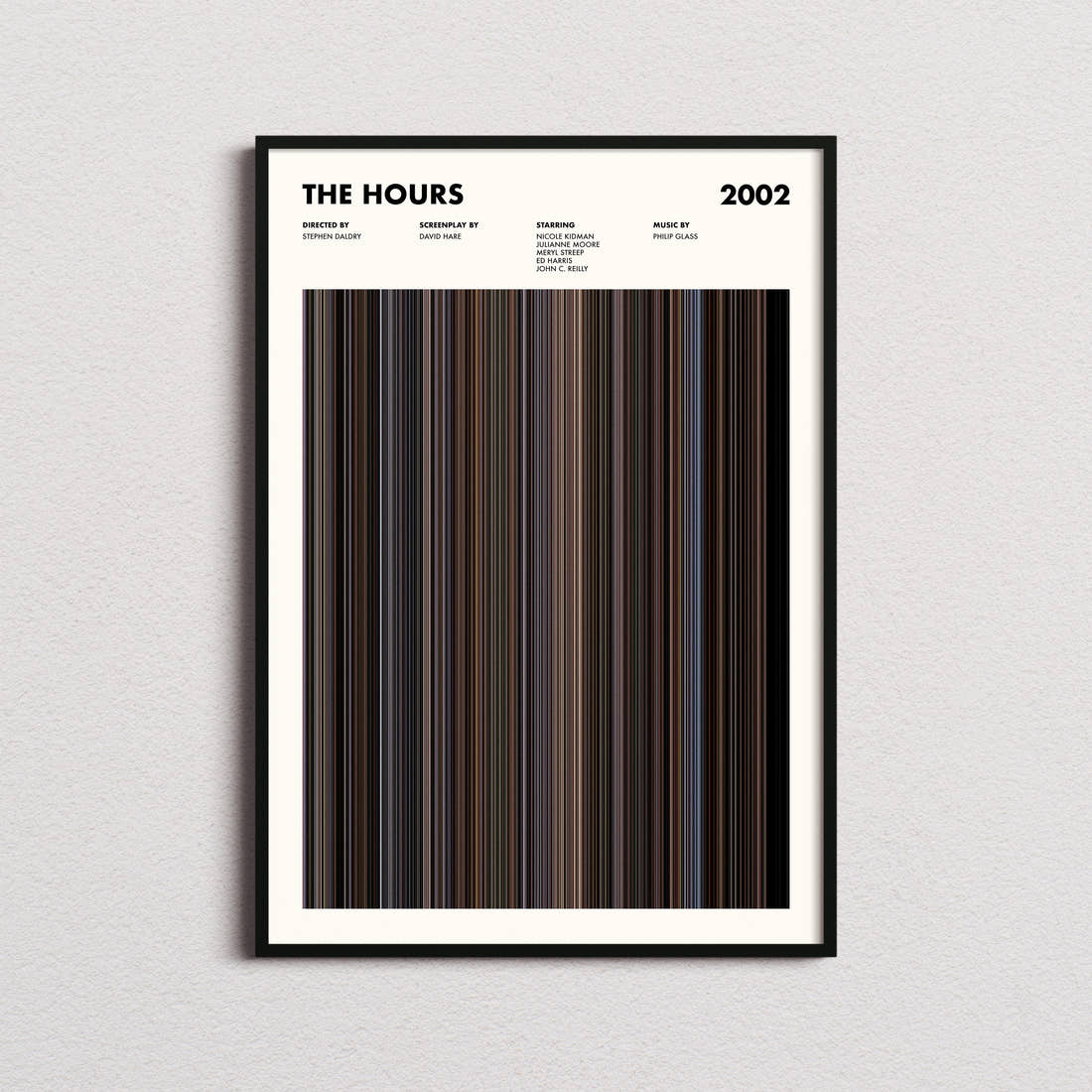 The Hours Movie Barcode Poster framed on a plain studio wall