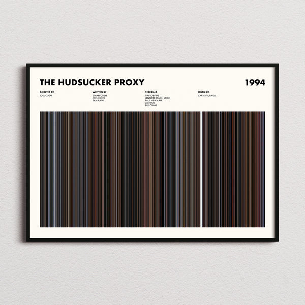The Hudsucker Proxy Movie Barcode Poster framed and photographed straight on