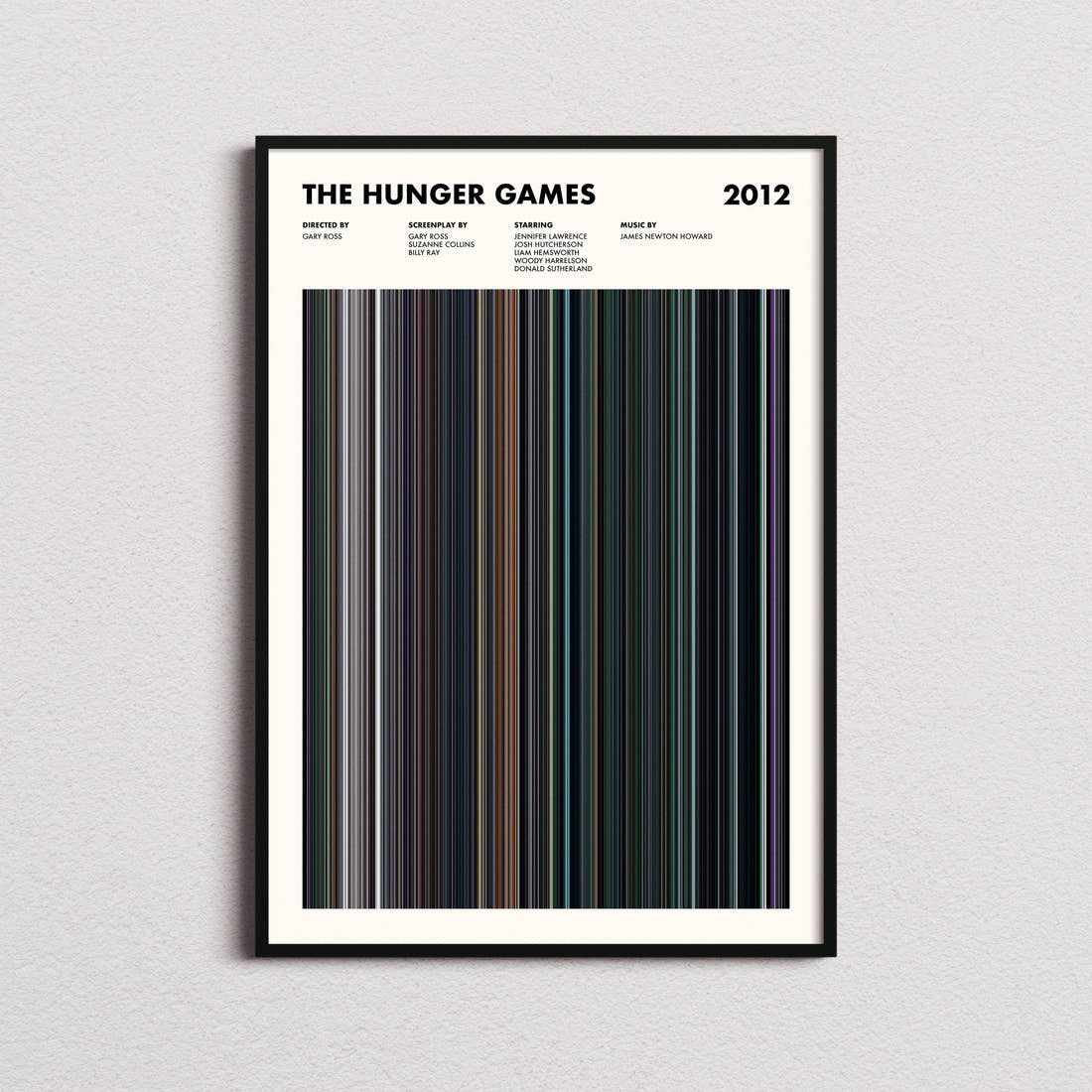 The Hunger Games Movie Barcode Poster framed on a plain studio wall