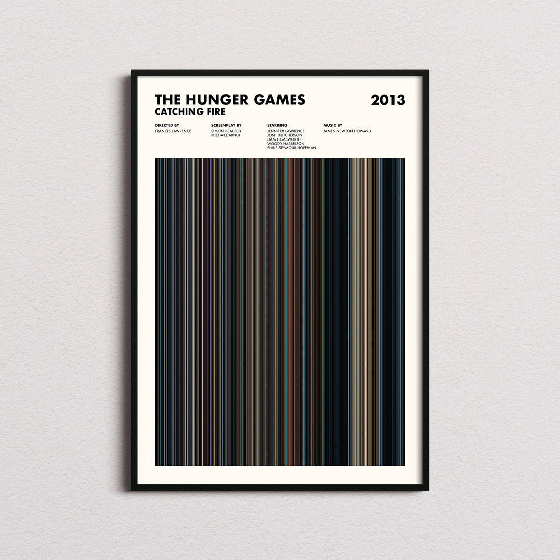 The Hunger Games: Catching Fire Movie Barcode Poster framed on a plain studio wall