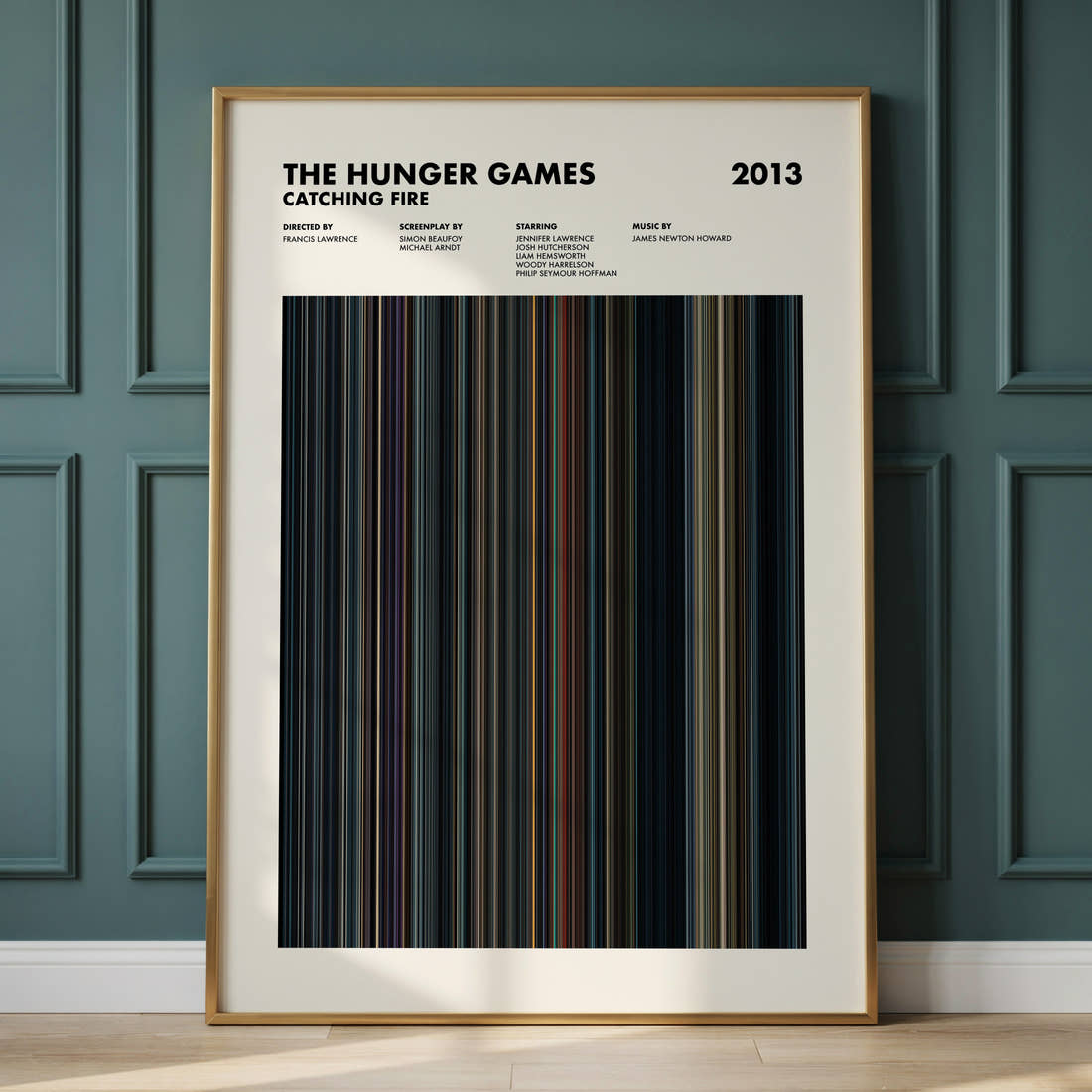 The Hunger Games: Catching Fire Movie Barcode Poster framed and leaning against a panelled wall