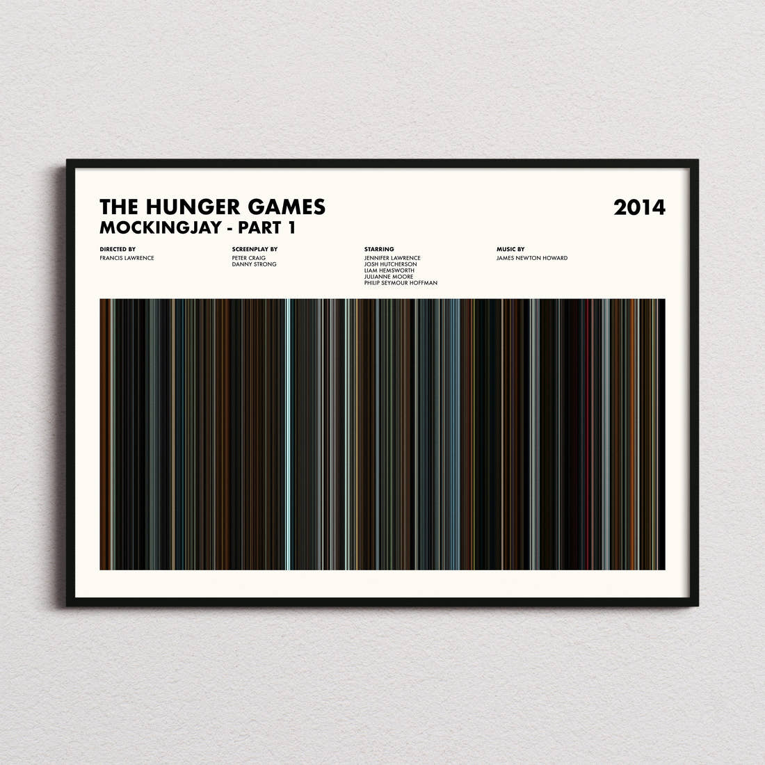 The Hunger Games: Mockingjay Part 1 Movie Barcode Poster framed and photographed straight on
