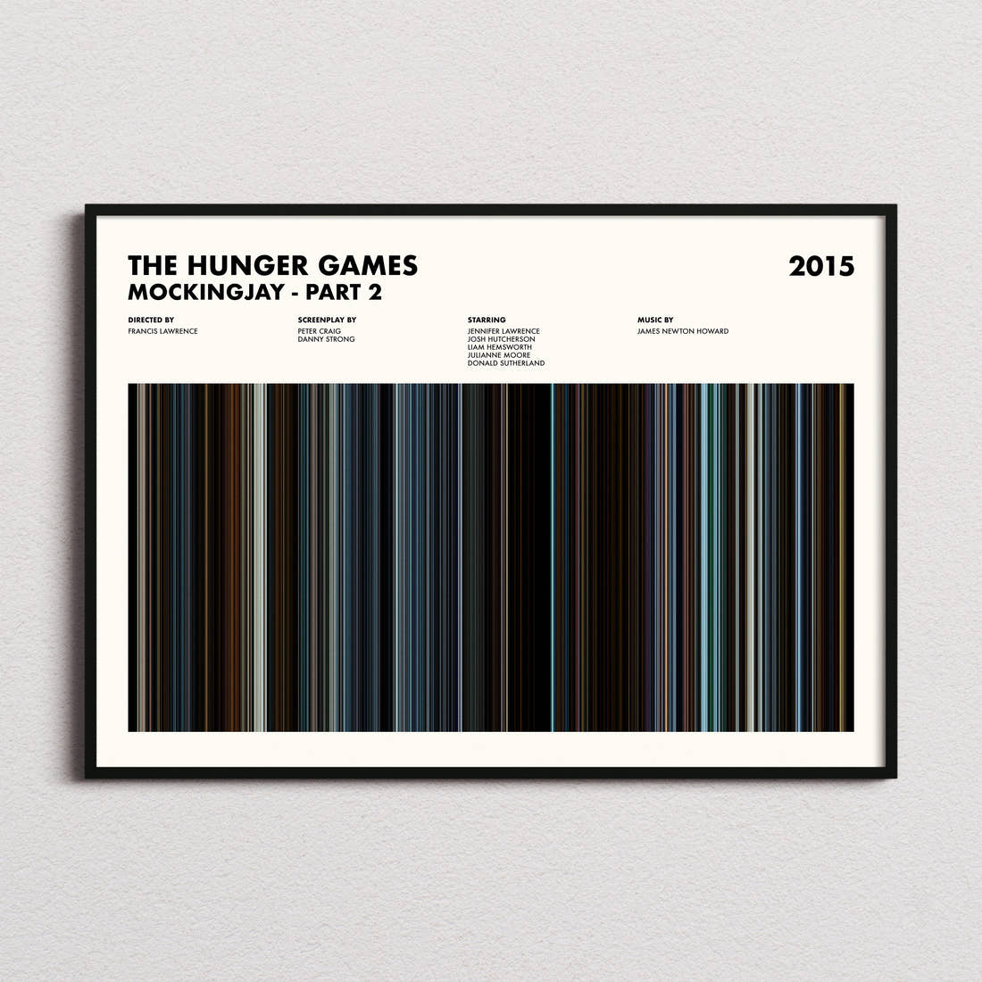 The Hunger Games: Mockingjay Part 2 Movie Barcode Poster framed and photographed straight on