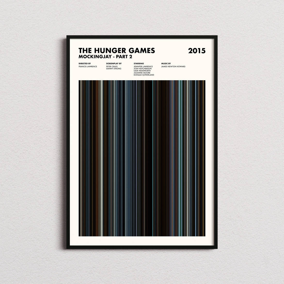 The Hunger Games: Mockingjay Part 2 Movie Barcode Poster framed on a plain studio wall