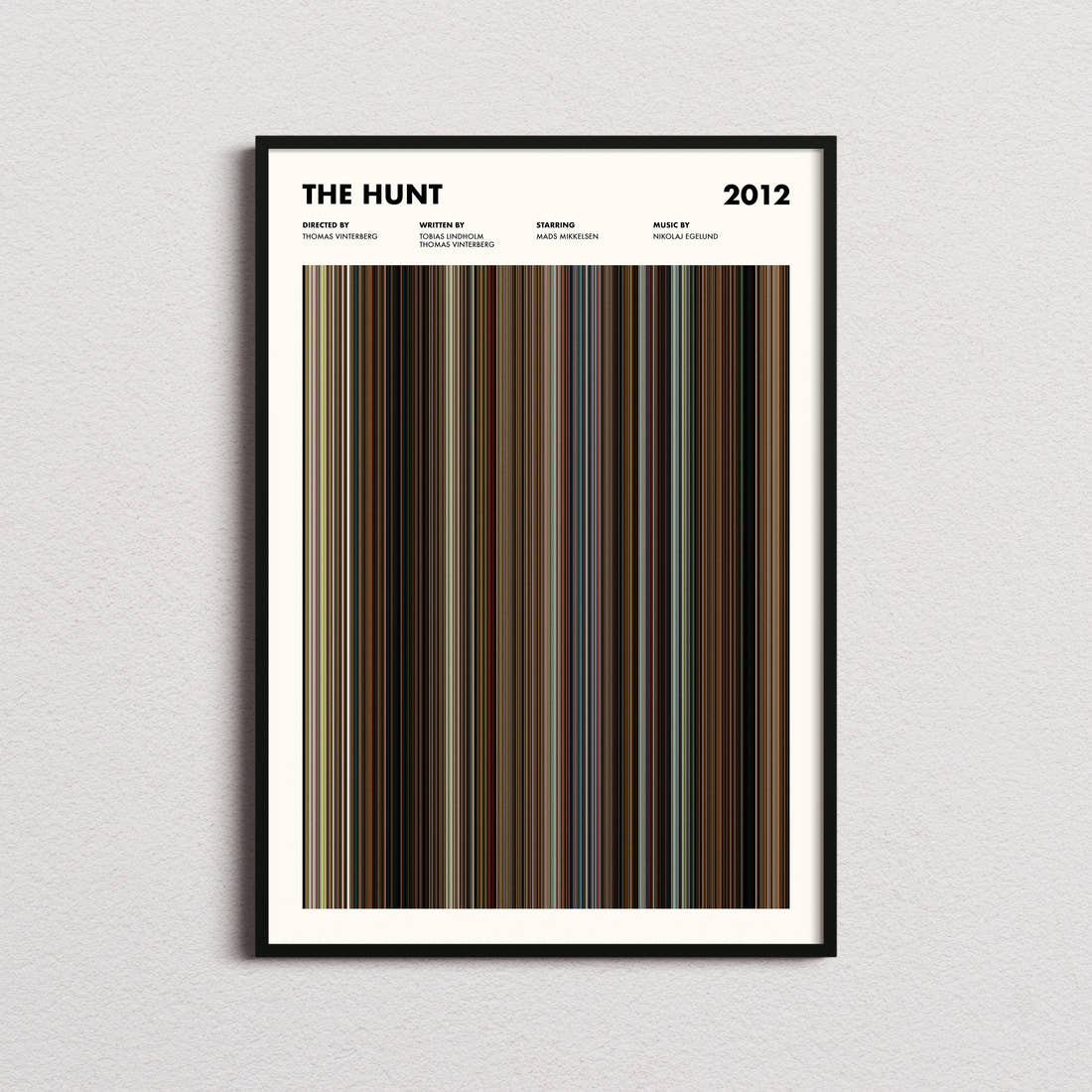 The Hunt 2012 Movie Barcode Poster framed on a plain studio wall