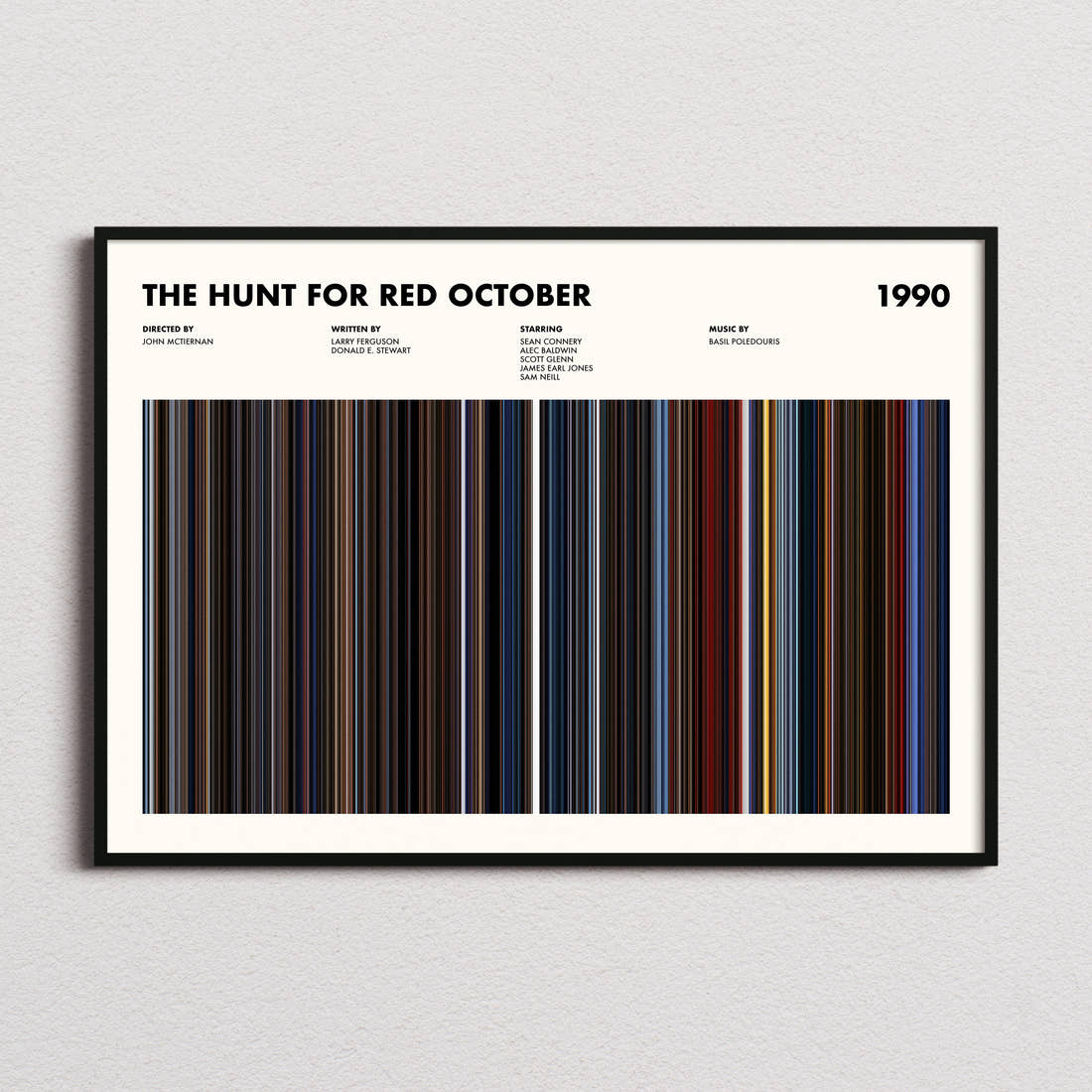 The Hunt For Red October Movie Barcode Poster framed and photographed straight on