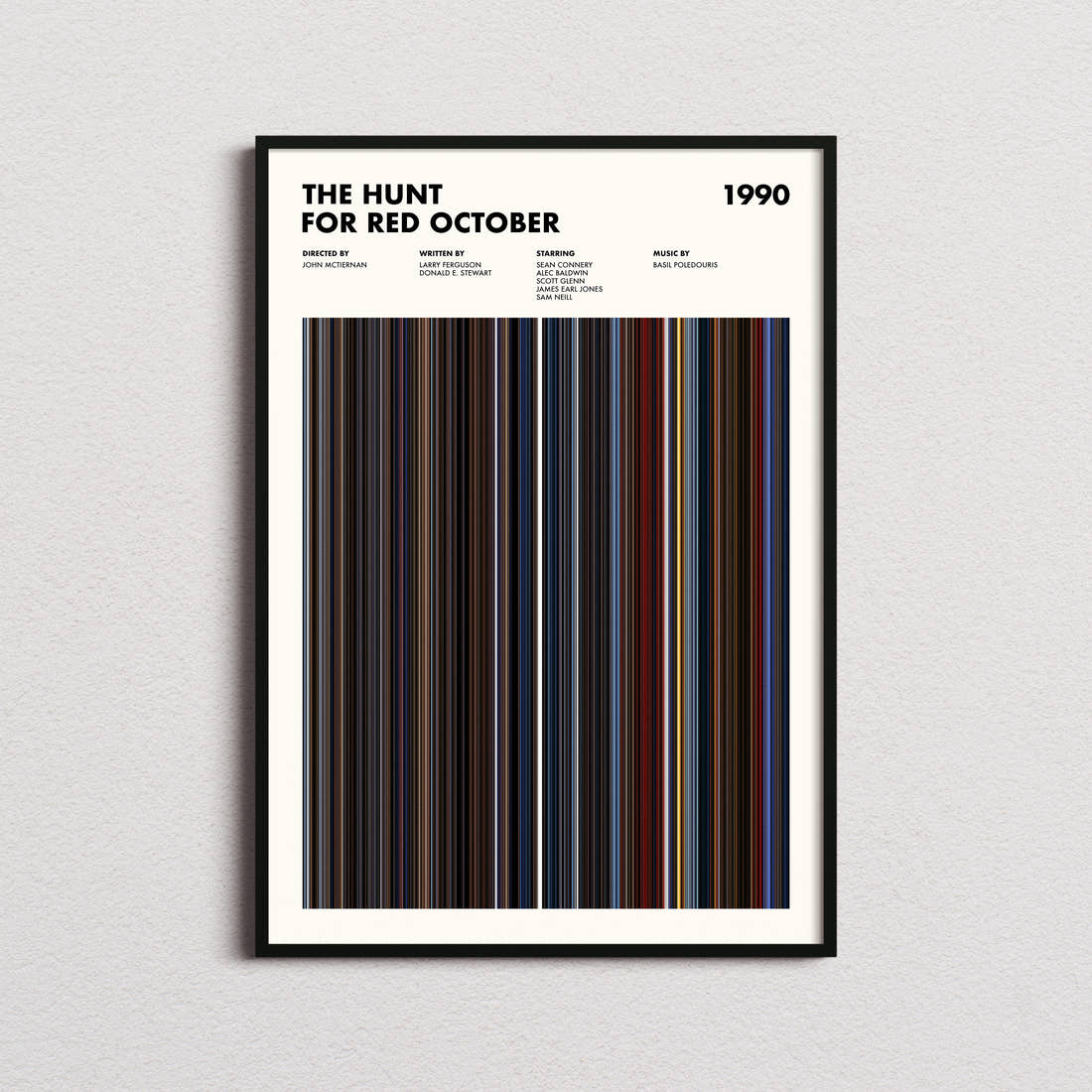 The Hunt For Red October Movie Barcode Poster framed on a plain studio wall