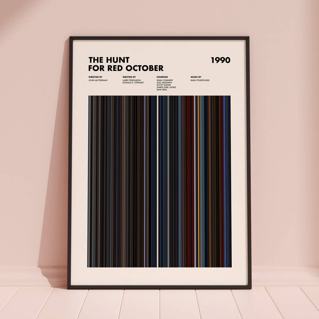 The Hunt For Red October Movie Barcode Poster framed and leaning against a coloured wall