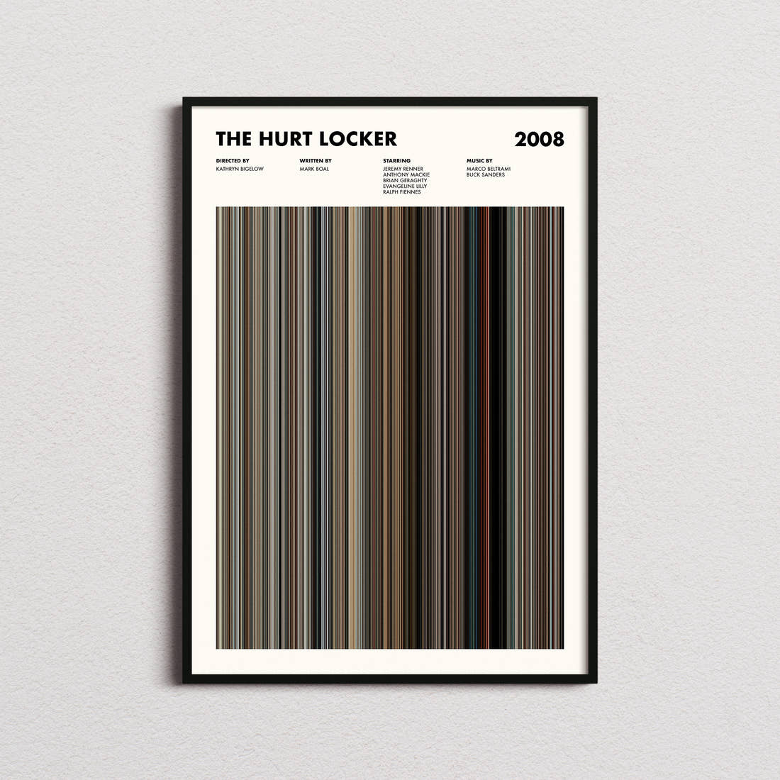 The Hurt Locker Movie Barcode Poster framed on a plain studio wall