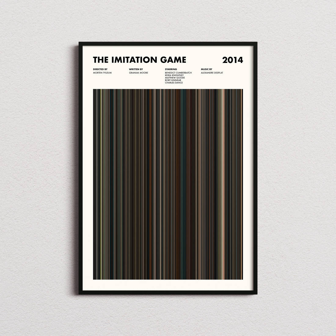 The Imitation Game Movie Barcode Poster framed on a plain studio wall