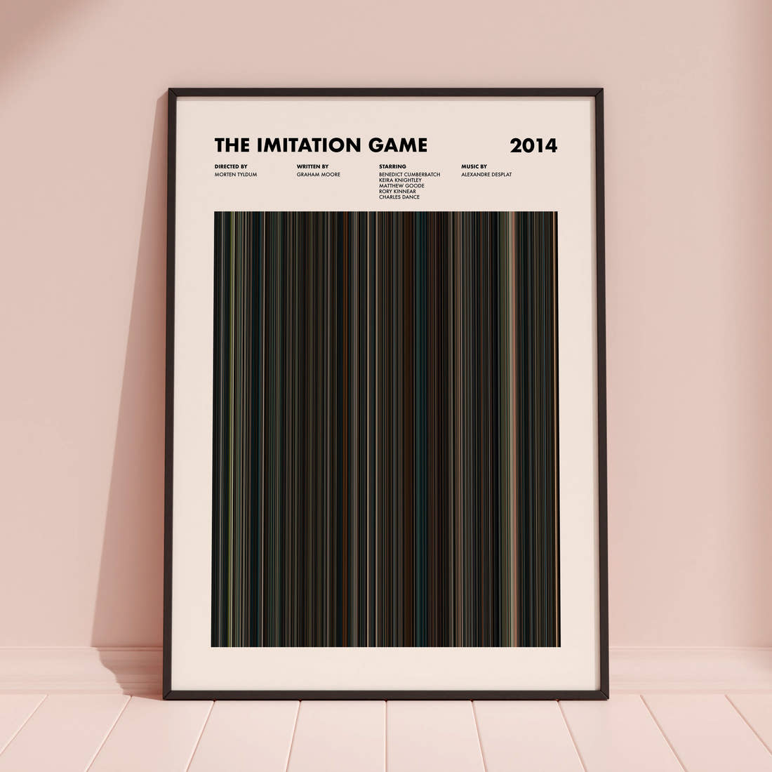 The Imitation Game Movie Barcode Poster framed and leaning against a coloured wall