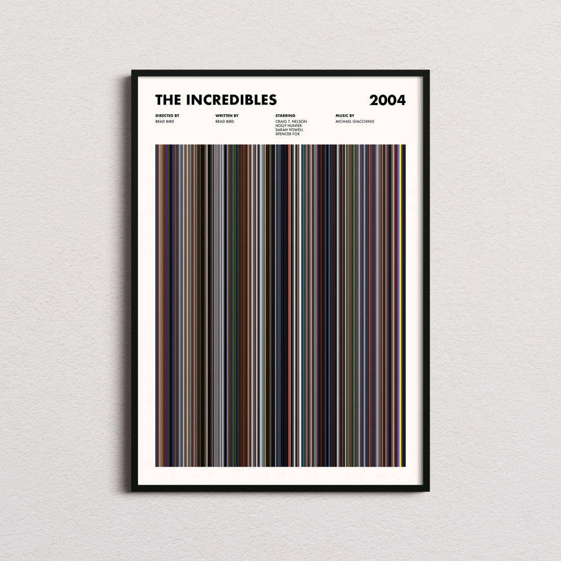 The Incredibles Movie Barcode Poster framed on a plain studio wall