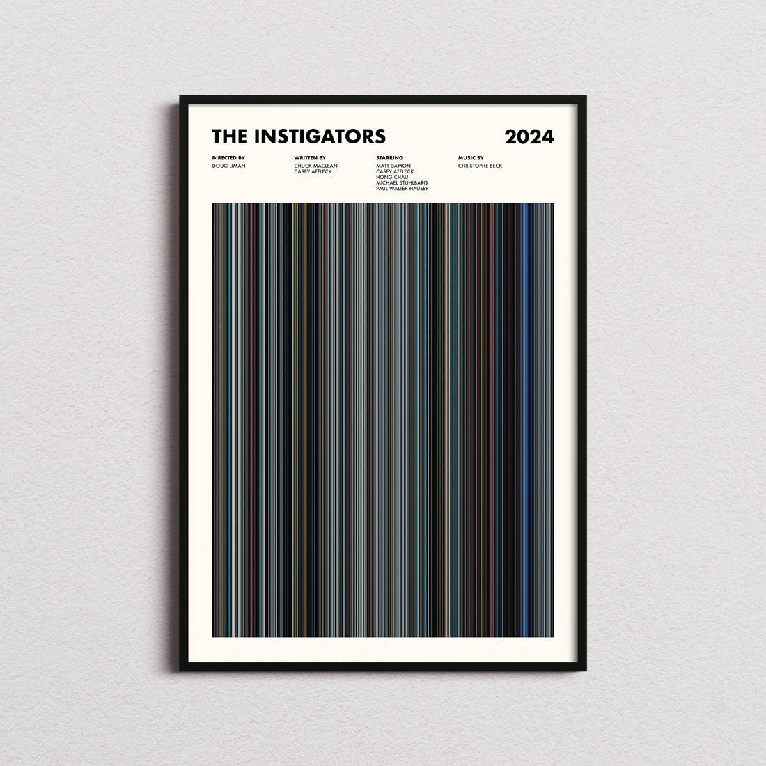 The Instigators Movie Barcode Poster framed on a plain studio wall