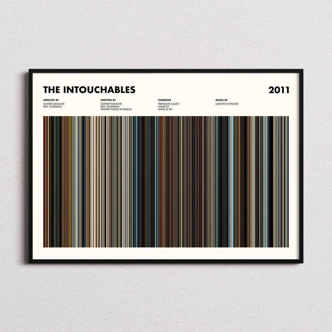 The Intouchables Movie Barcode Poster framed and photographed straight on