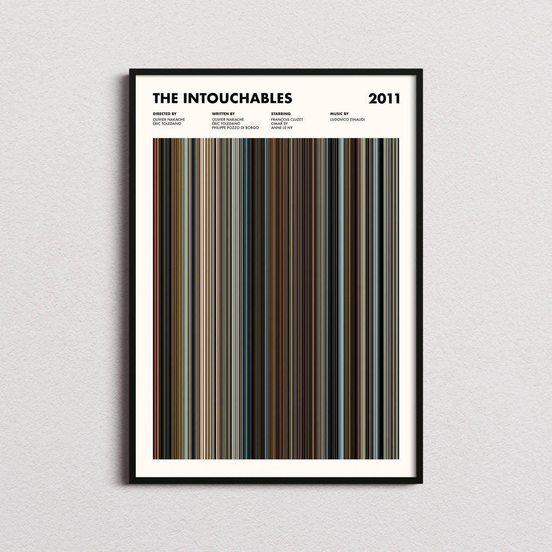 The Intouchables Movie Barcode Poster framed on a plain studio wall