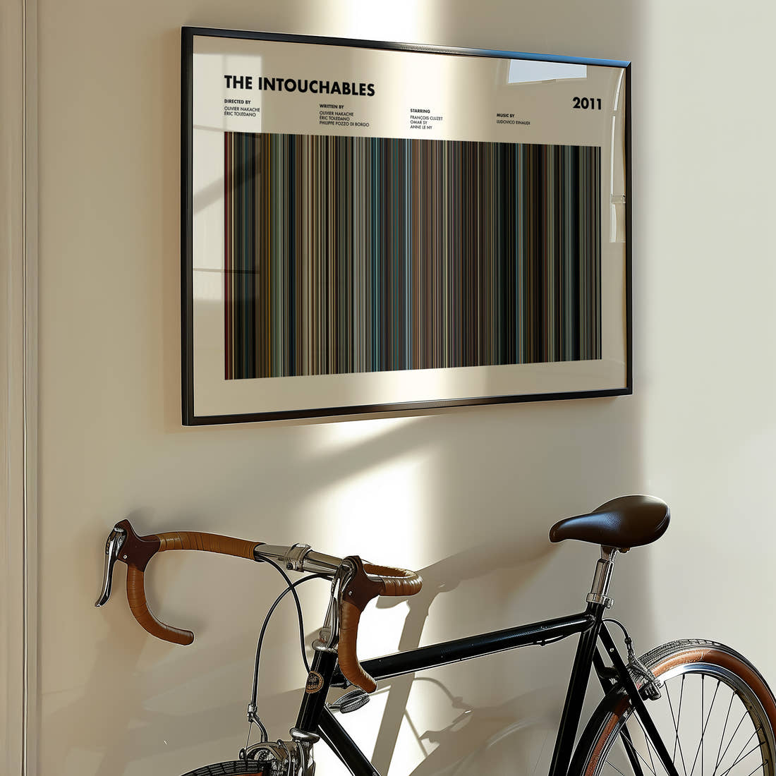 The Intouchables Movie Barcode Poster framed on the wall of a styled room setting