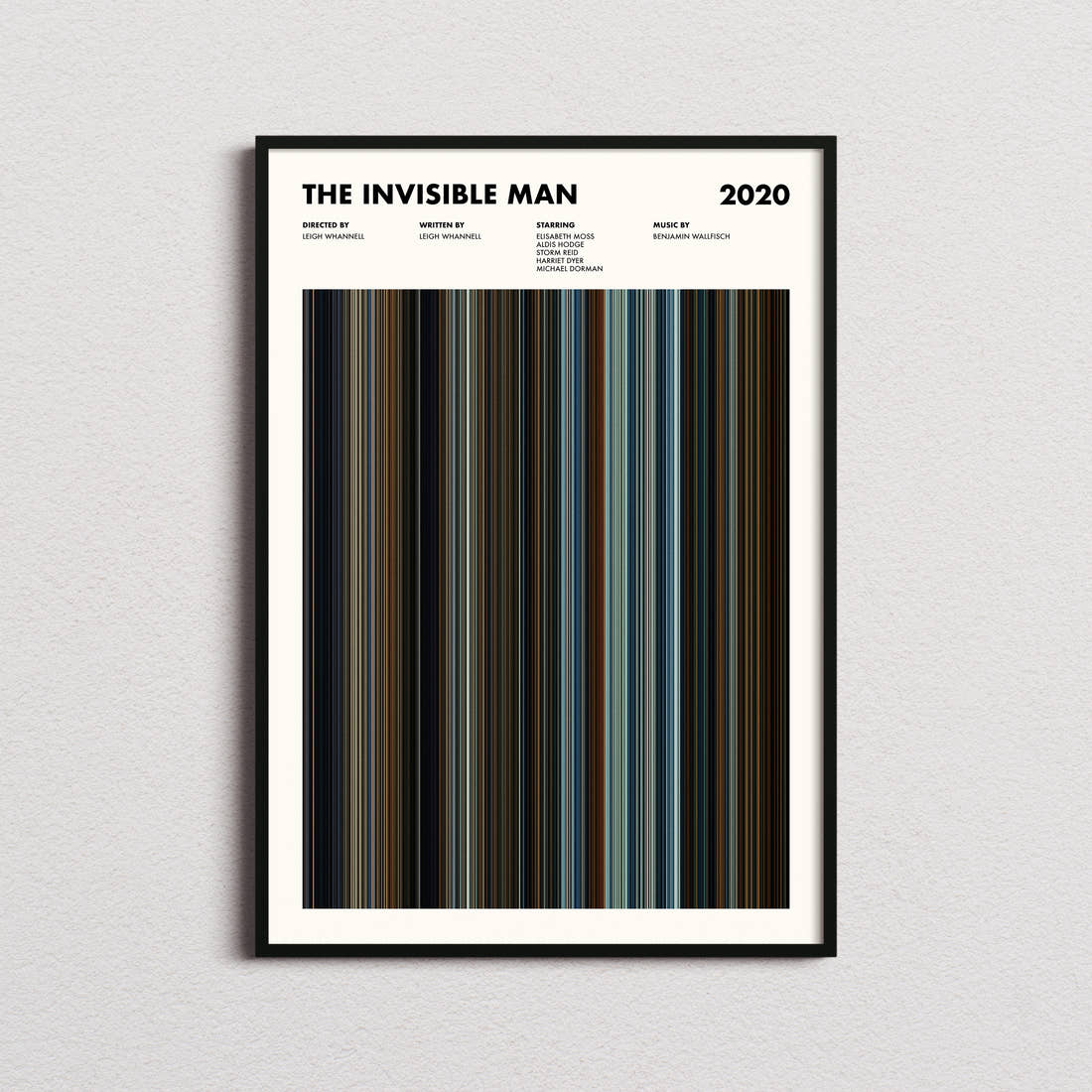 The Invisible Man Movie Barcode Poster framed on a plain studio wall