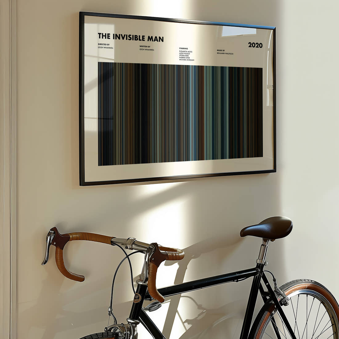 The Invisible Man Movie Barcode Poster framed on the wall of a styled room setting