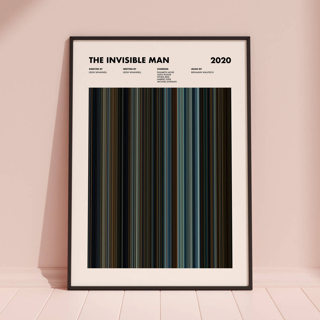 The Invisible Man Movie Barcode Poster framed and leaning against a coloured wall