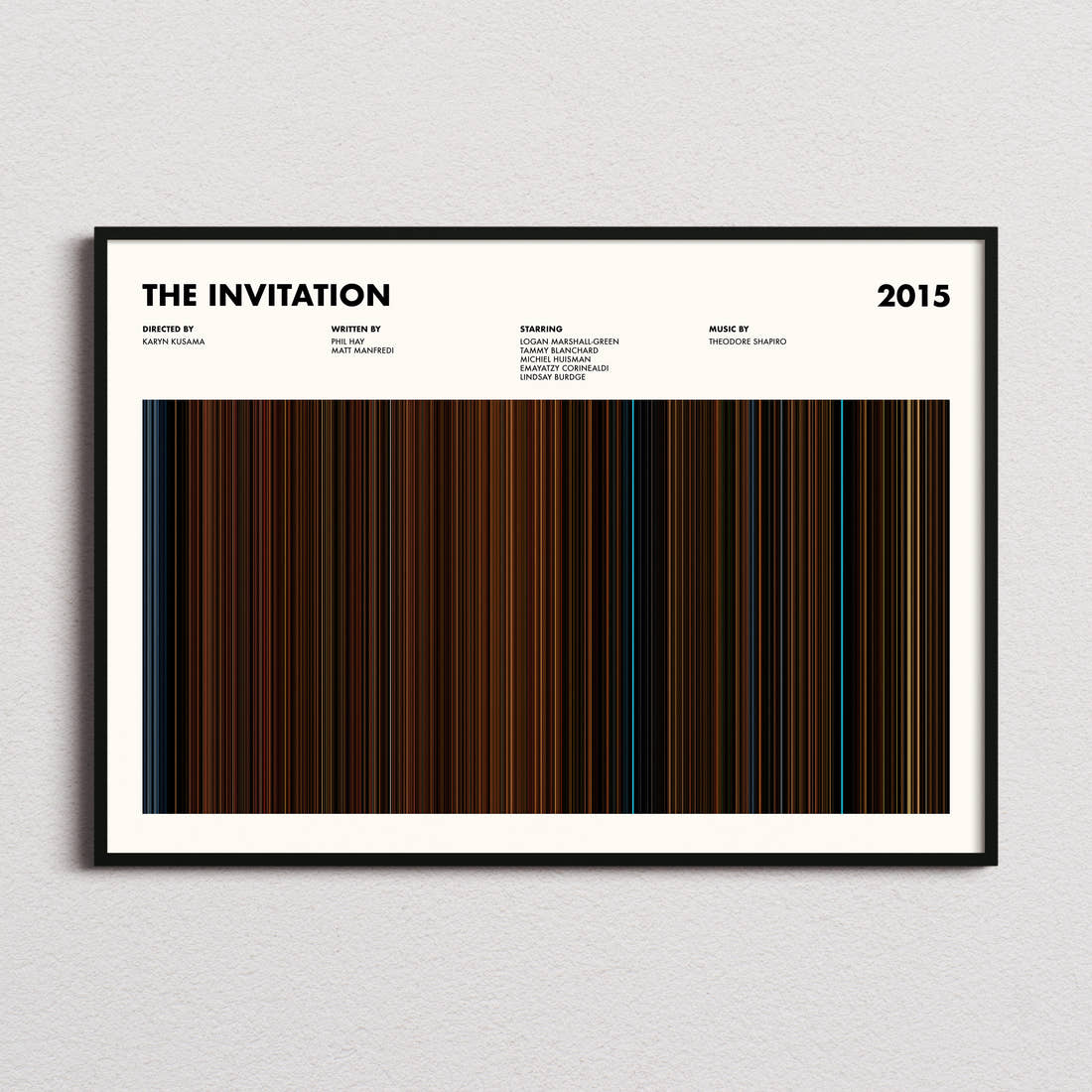 The Invitation (2015) Movie Barcode Poster framed and photographed straight on