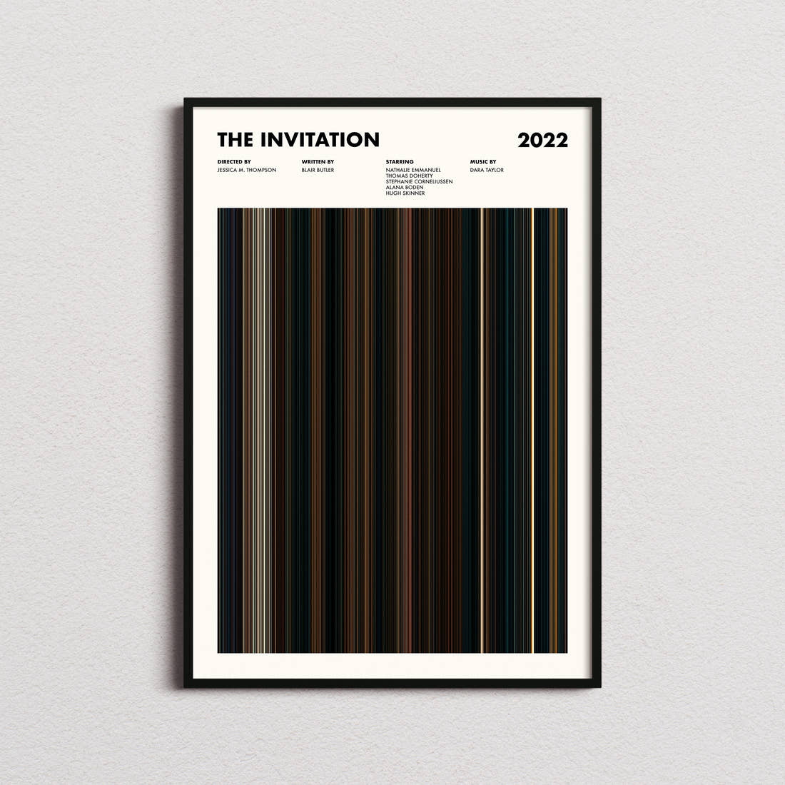 The Invitation (2022) Movie Barcode Poster framed on a plain studio wall