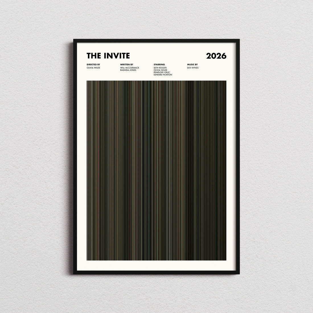 The Invite Movie Barcode Poster framed on a plain studio wall