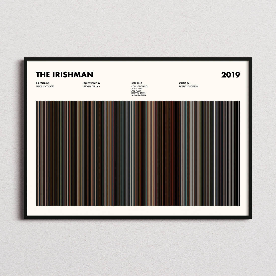 The Irishman Movie Barcode Poster framed and photographed straight on
