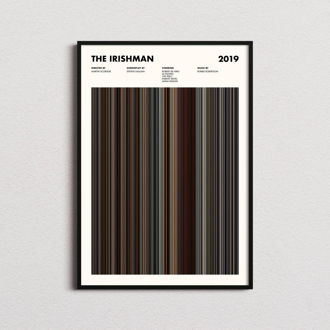 The Irishman Movie Barcode Poster framed on a plain studio wall