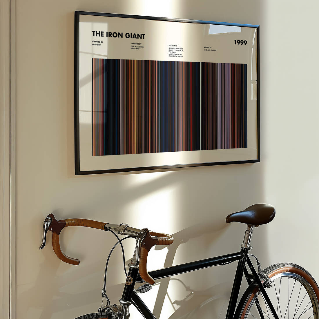 The Iron Giant Movie Barcode Poster framed on the wall of a styled room setting
