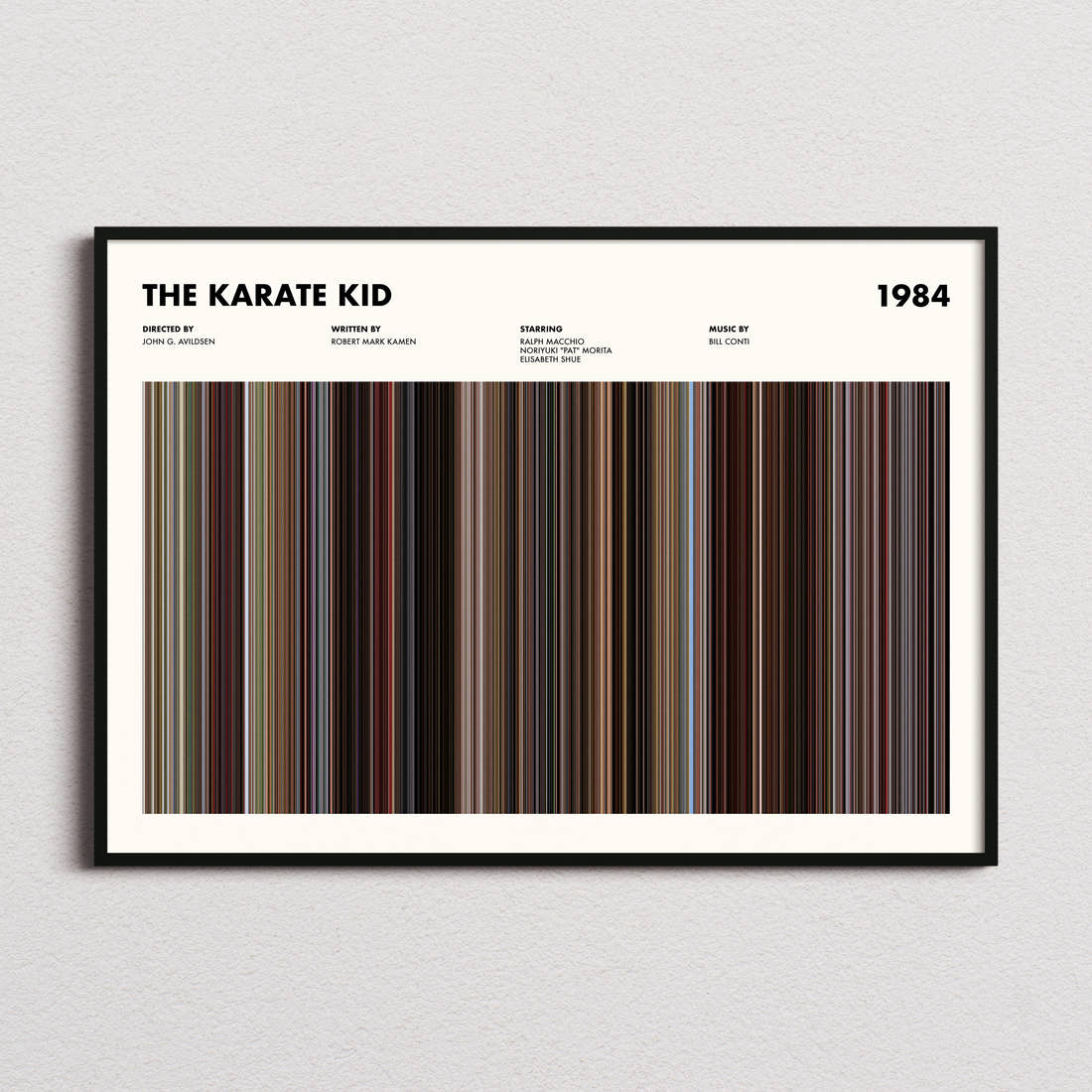 The Karate Kid Movie Barcode Poster framed and photographed straight on
