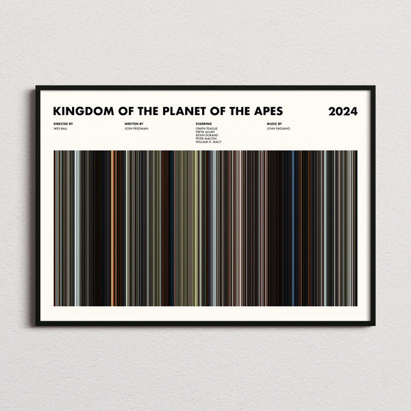 Kingdom of the Planet of the Apes Movie Barcode Poster framed and photographed straight on