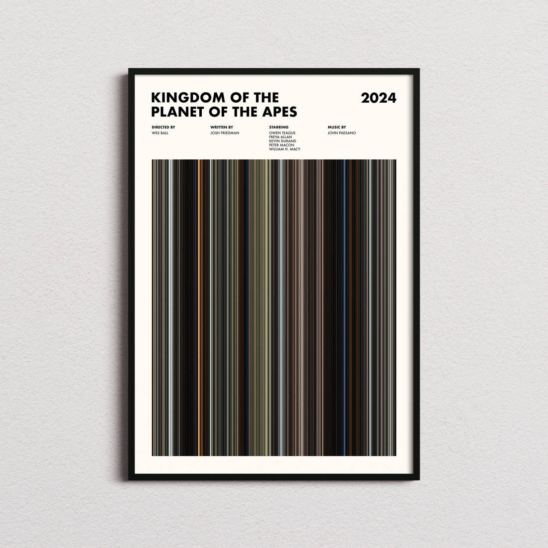Kingdom of the Planet of the Apes Movie Barcode Poster framed on a plain studio wall