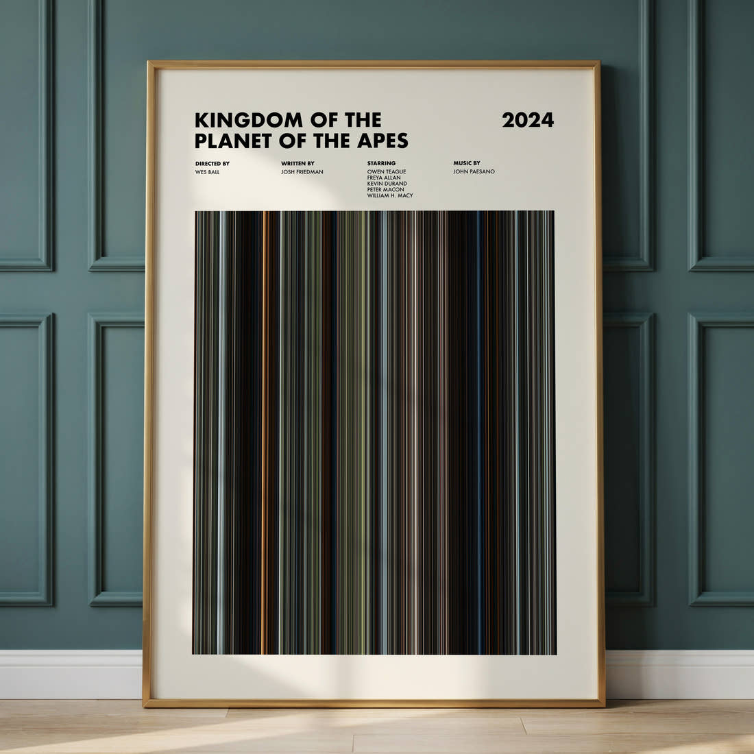 Kingdom of the Planet of the Apes Movie Barcode Poster framed and leaning against a panelled wall