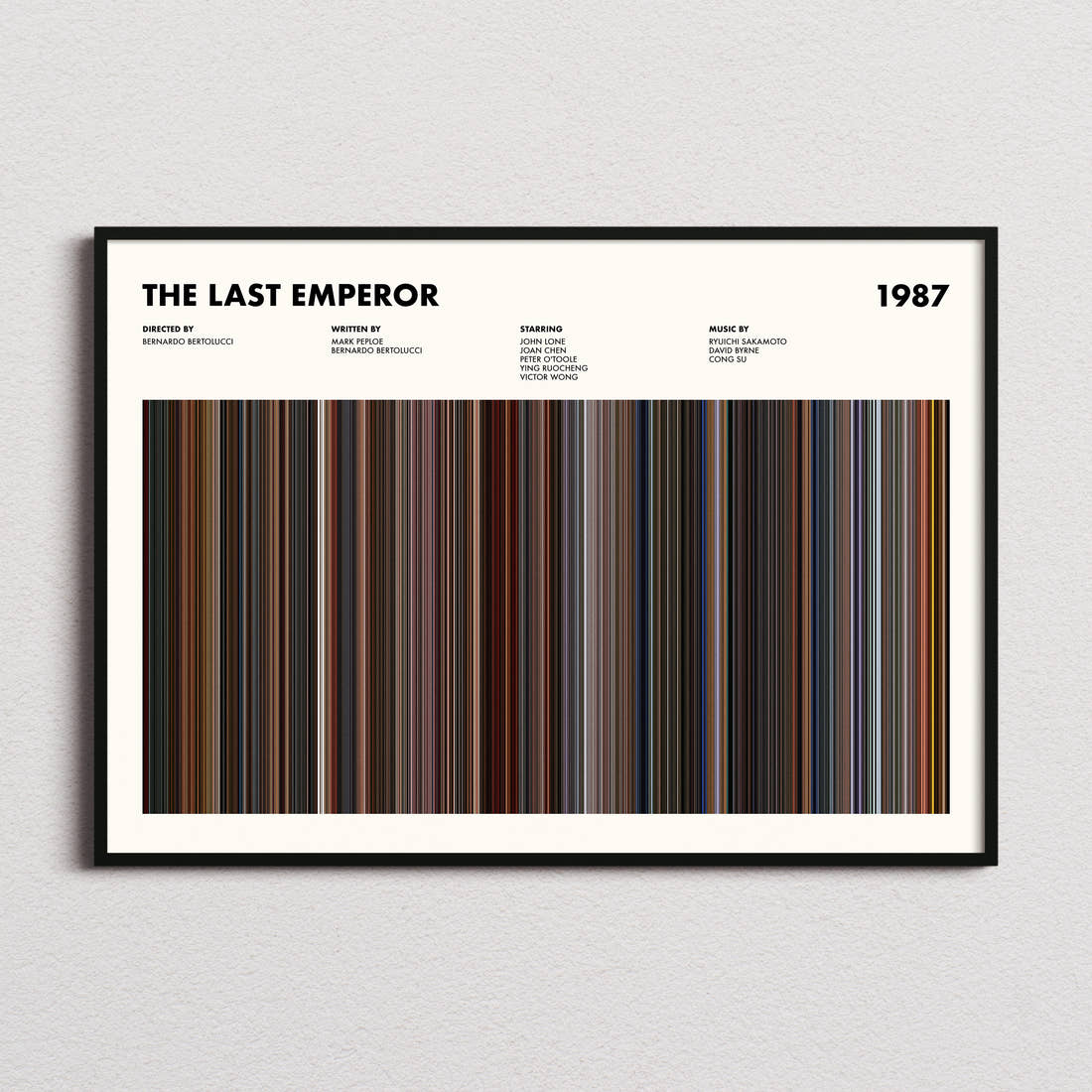 The Last Emperor Movie Barcode Poster framed and photographed straight on