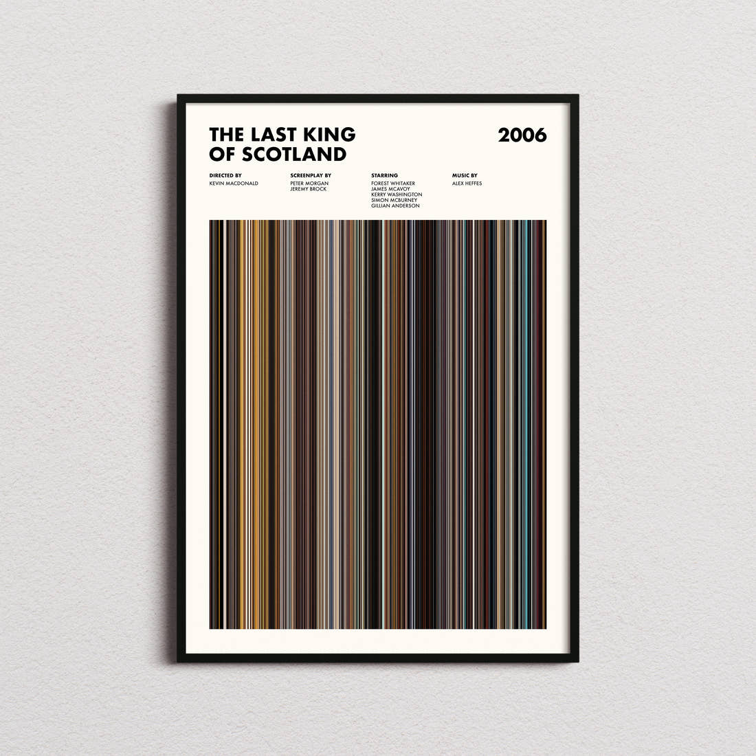 The Last King of Scotland Movie Barcode Poster framed on a plain studio wall