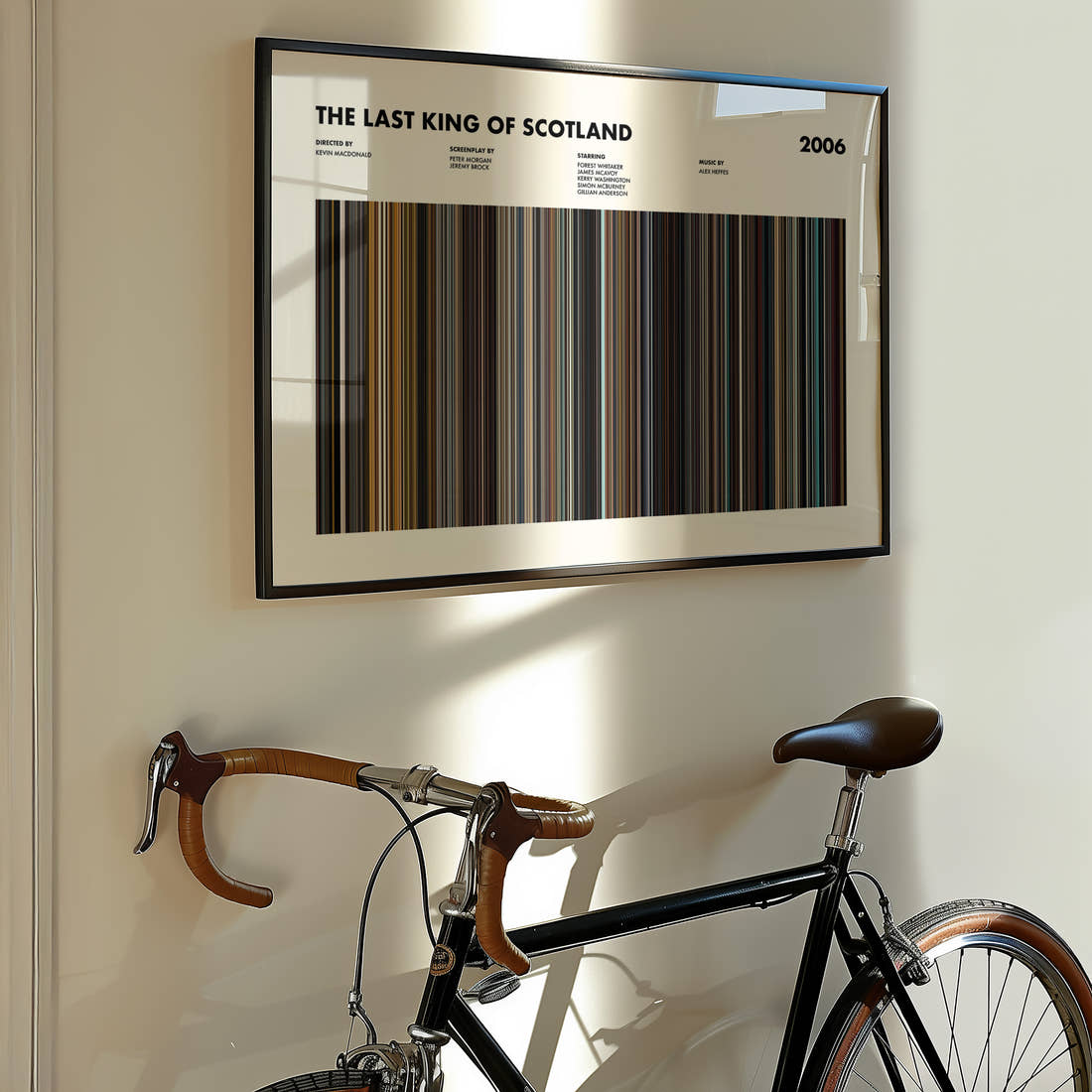 The Last King of Scotland Movie Barcode Poster framed on the wall of a styled room setting