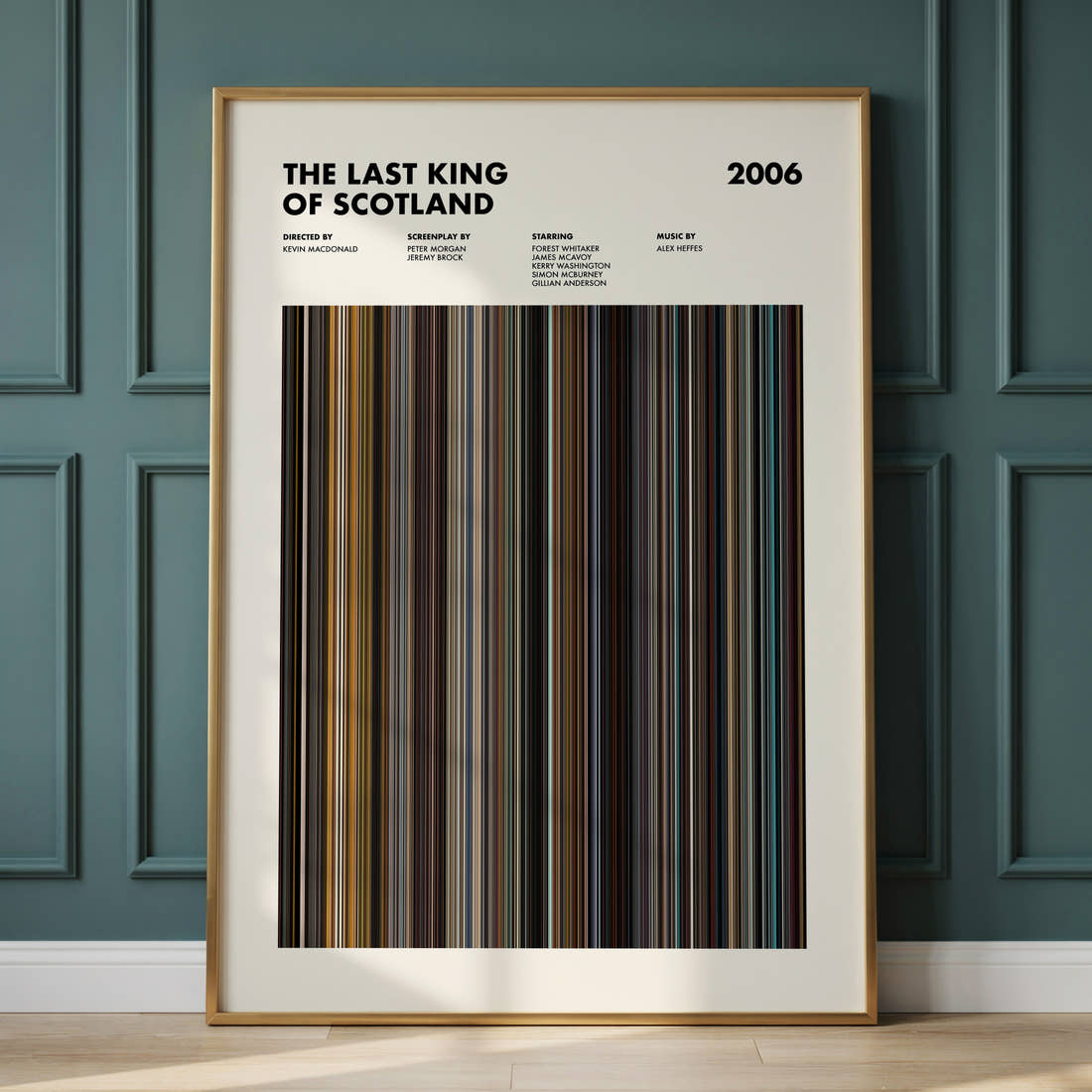 The Last King of Scotland Movie Barcode Poster framed and leaning against a panelled wall