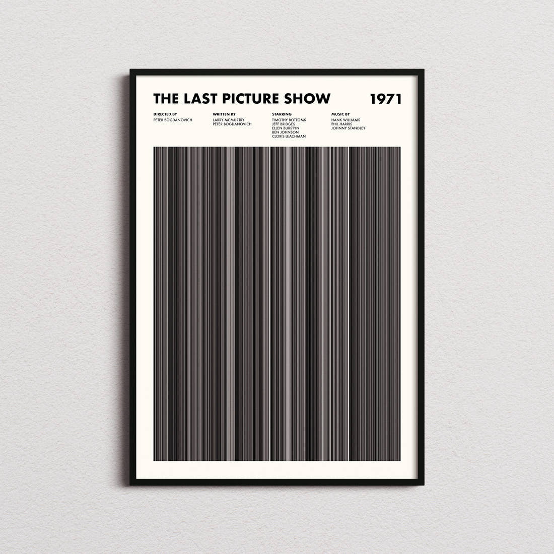 The Last Picture Show Movie Barcode Poster framed on a plain studio wall