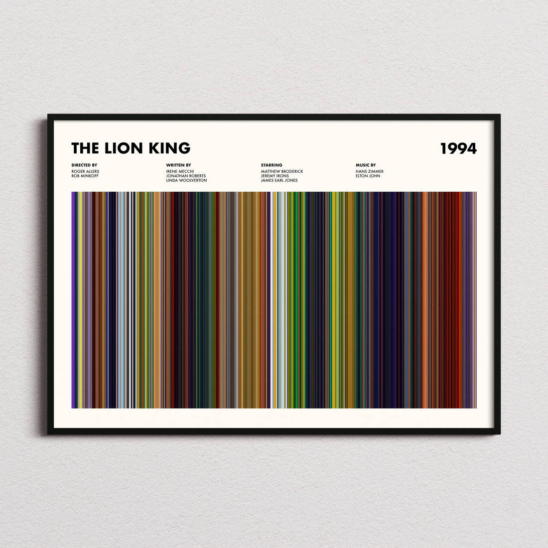The Lion King Movie Barcode Poster framed and photographed straight on