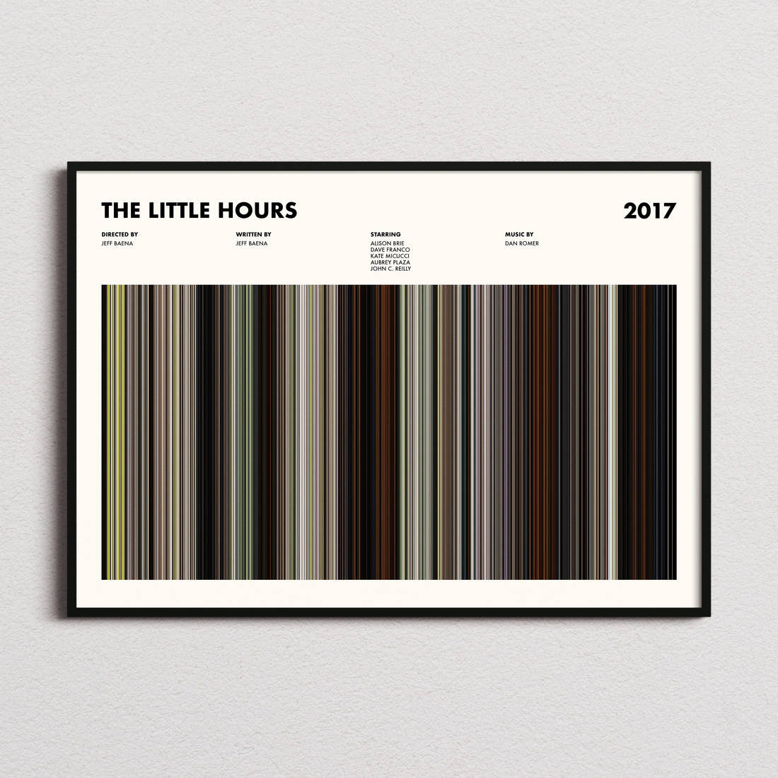 The Little Hours Movie Barcode Poster framed and photographed straight on