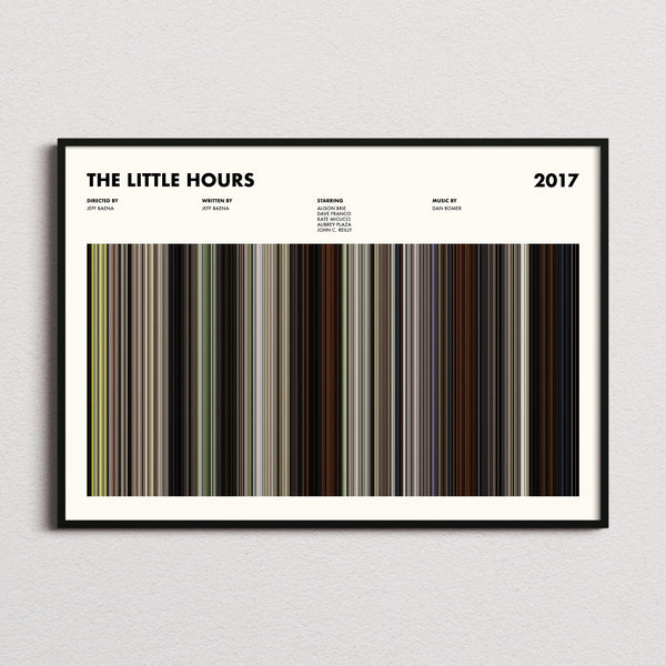 The Little Hours Movie Barcode Poster framed and photographed straight on