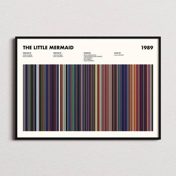 The Little Mermaid (1989) Movie Barcode Poster framed and photographed straight on