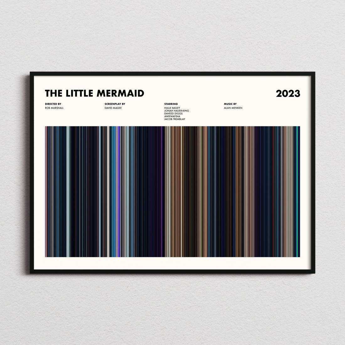 The Little Mermaid 2023 Movie Barcode Poster framed and photographed straight on