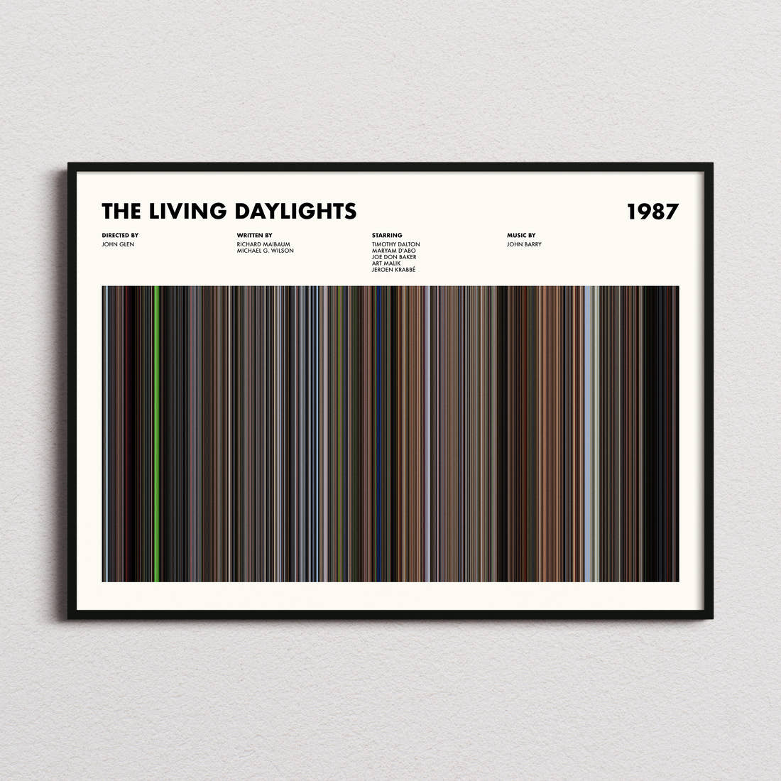 The Living Daylights Movie Barcode Poster framed and photographed straight on