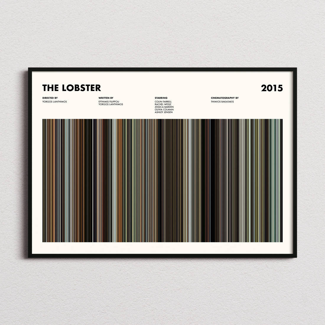 The Lobster Movie Barcode Poster framed and photographed straight on