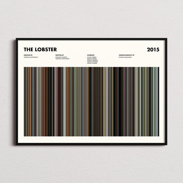 The Lobster Movie Barcode Poster framed and photographed straight on
