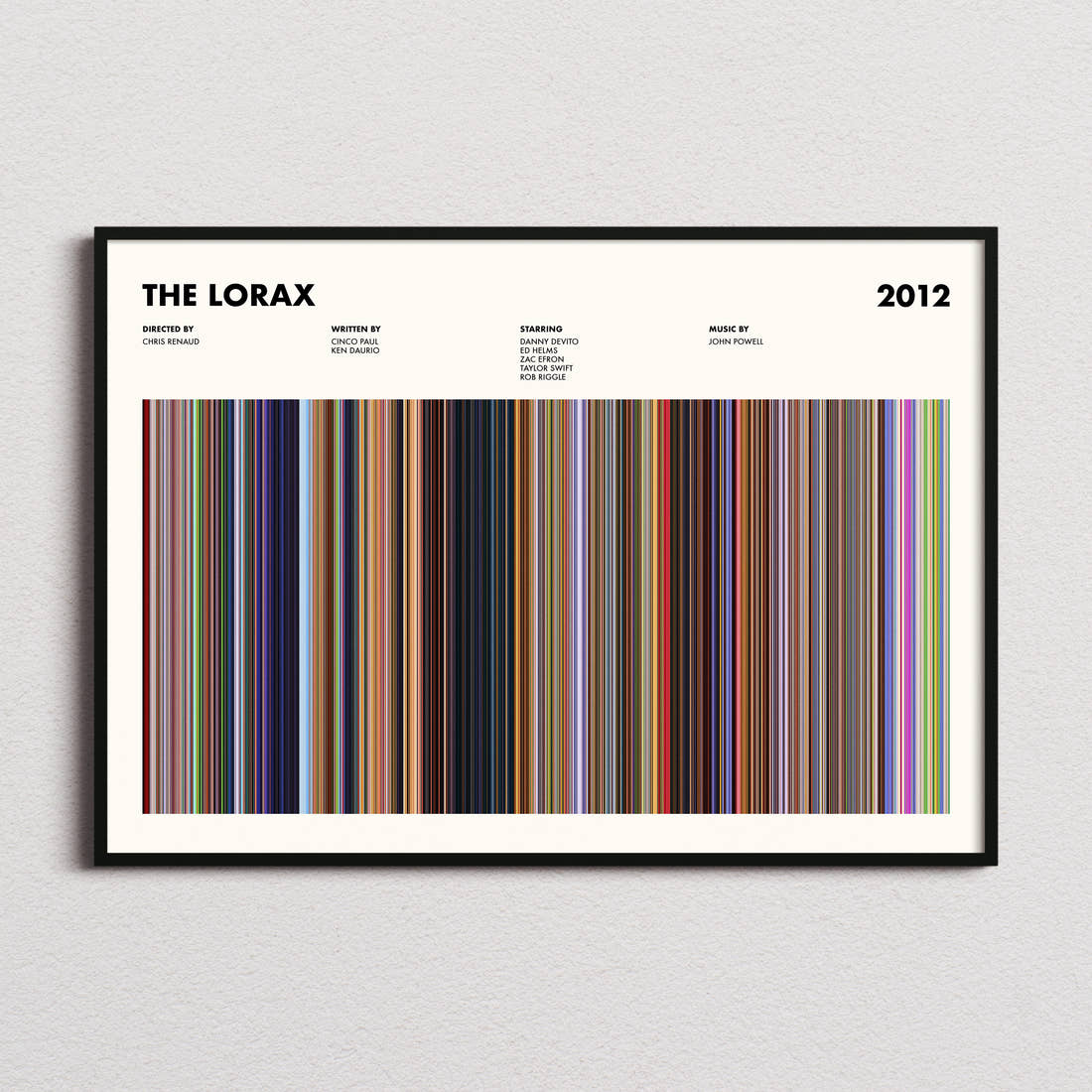The Lorax Movie Barcode Poster framed and photographed straight on