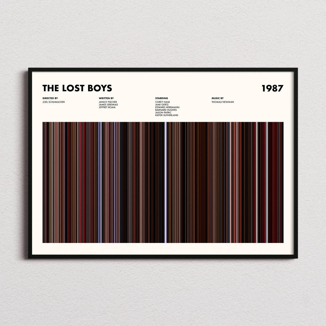 The Lost Boys Movie Barcode Poster framed and photographed straight on