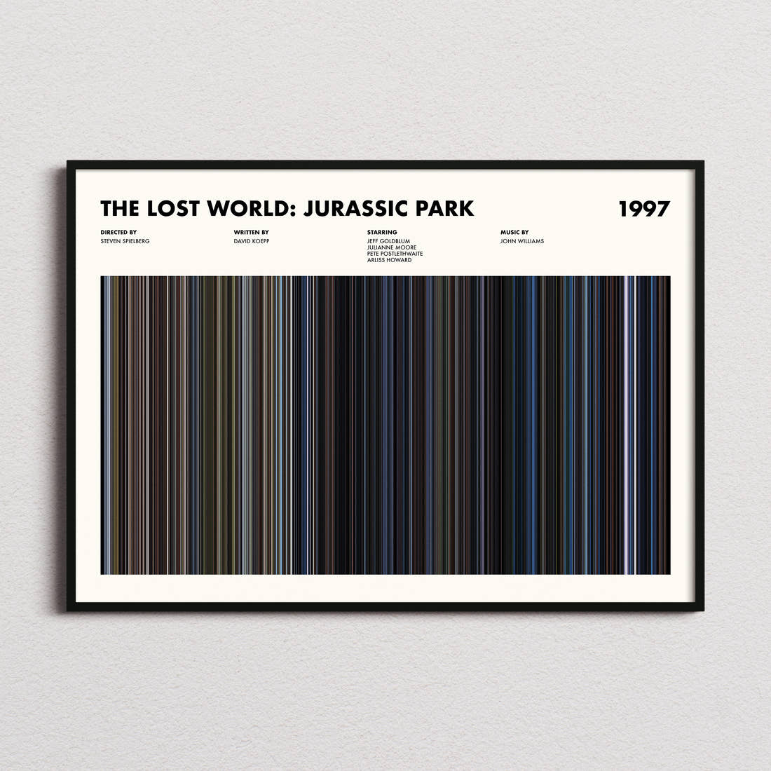 The Lost World: Jurassic Park Movie Barcode Poster framed and photographed straight on